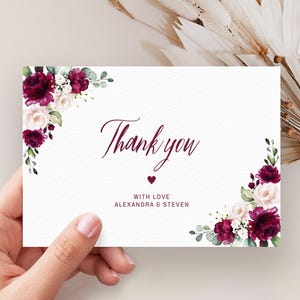 Burgunderfarbene Blumen-Dankeskartenvorlage, Dankeskartenvorlage mit Marsala Rosen • SOFORTIGER DOWNLOAD • Bearbeitbare, druckbare Vorlage, A106