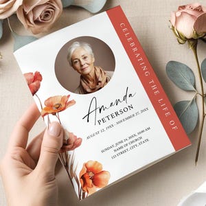 May include: A memorial program with a photo of a woman, floral accents, and the text "Celebrating the Life of Amanda Peterson." The program includes dates, times, and location details. The design features watercolor poppies.
