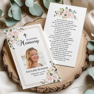 Printable Two-Sided Funeral Prayer Card Template with Watercolor Pink Roses, Editable Memorial Prayer Card Template, Instant Download
