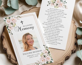 Printable Two-Sided Funeral Prayer Card Template with Watercolor Pink Roses, Editable Memorial Prayer Card Template, Instant Download