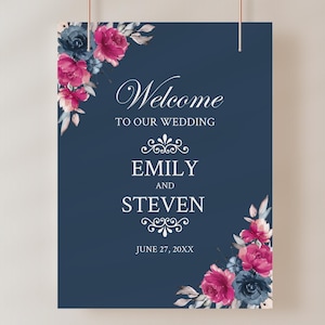 Hot Pink and Navy Blue Wedding Welcome Sign Template • INSTANT DOWNLOAD • Editable, Printable Template #149