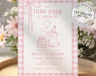 Piggy Birthday Invitation Template • This Little Piggy is One • Editable Printable Digital Download