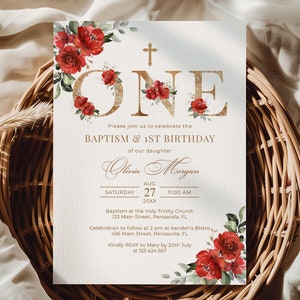 Rote Rosen Taufe und 1. Geburtstag Einladungsvorlage • SOFORTIGER DOWNLOAD • Bearbeitbare, druckbare Vorlage