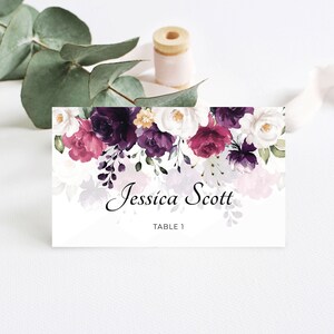 Tarjetas de lugar para boda imprimibles en morado, fucsia y blanco, tarjetas de lugar lila planas y plegadas • DESCARGA INSTANTÁNEA • Plantilla editable, A116