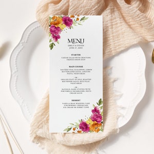 Plantilla de menú rosa fuerte y naranja (boda, despedida de soltera, cena, brunch) • DESCARGA INSTANTÁNEA • Plantilla editable e imprimible, n.° 138