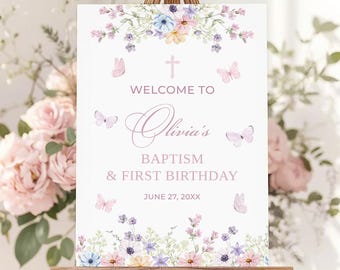 Plantilla de letrero de bienvenida para bautizo y primer cumpleaños con flores silvestres y mariposas • DESCARGA INSTANTÁNEA • Plantilla editable e imprimible, n.° 159