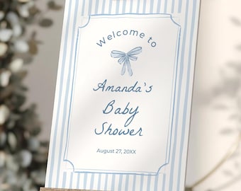 Plantilla de letrero de bienvenida para baby shower con rayas azules • DESCARGA INSTANTÁNEA • Plantilla editable e imprimible, n.° BS05