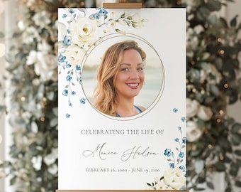 Floral Funeral Welcome Sign Template: White Roses, Blue Flowers (Instant Download)