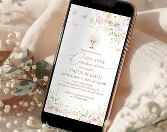 Electronic First Holy Communion Invite Template with Wildflowers and Butterflies, Smartphone Invitation, Evite