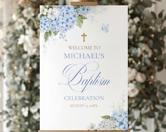 Plantilla de letrero de bienvenida para bautizo/bautizo con hortensias azules • DESCARGA INSTANTÁNEA • Plantilla editable e imprimible, n.° 160