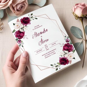 Burgundy Roses Wedding Program Template, Bi-fold Booklet (Digital Download) A106