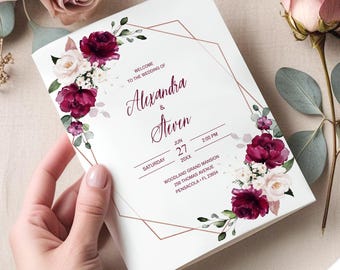 Burgundy Roses Wedding Program Template, Bi-fold Booklet (Digital Download) A106
