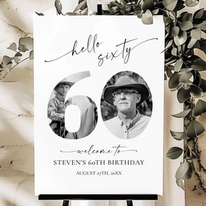 60th Photo Birthday Welcome Sing Template, Hello Sixty Birthday Poster/Board Template • INSTANT DOWNLOAD • Editable, Printable Template