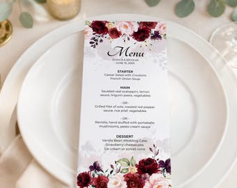 Burgundy Menu Template (Wedding, Bridal Shower, Dinner, Brunch) • INSTANT DOWNLOAD • Editable, Printable Template, A115