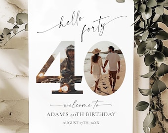 40. Geburtstag Foto Willkommen Schild Vorlage, Hello Forty • SOFORTIGER DOWNLOAD • Bearbeitbare, druckbare Vorlage
