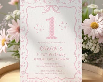 Hand-Drawn Pink Bow First Birthday Invitation Template • INSTANT DOWNLOAD • Editable & Printable Template
