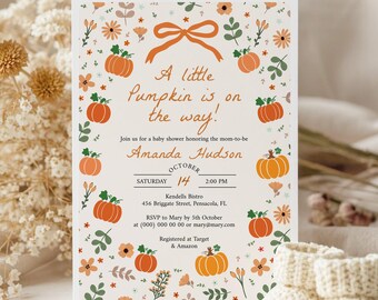 Fall Baby Shower Invitation Template, Little Pumpkin Invite, Editable, Printable Template (Digital Download), #BS03