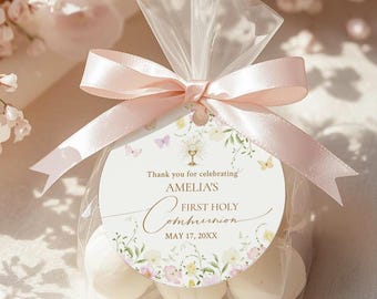 Wildflowers and Butterflies Communion Gift Favor Tag/Label Template • INSTANT DOWNLOAD • Editable, Printable Template