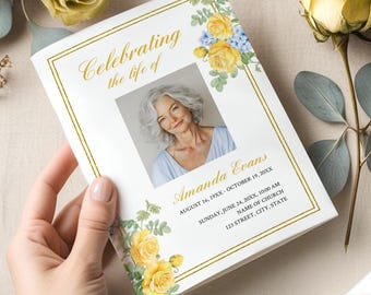 Yellow Roses and Hydrangeas Funeral Bi-Fold Program Template, Order of Service (Digital Download)