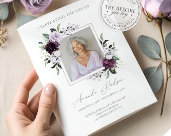 Purple Roses Bi-Fold Funeral Program Template • Funeral Order of Service • Printable, Editable Digital Download