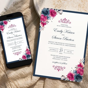 Modèle de faire-part de mariage rose fuchsia et bleu marine, invitation imprimable et électronique • TÉLÉCHARGEMENT IMMÉDIAT • Modèle modifiable #149