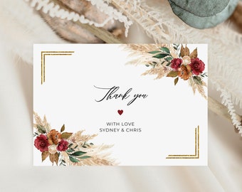 Burgundy, Terracotta and Emerald Green Wedding Thank you Card Template • INSTANT DOWNLOAD • Printable, Editable Template, A134