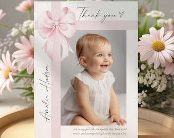 Pink Bow Photo Thank You Card Template (Digital Download) #153