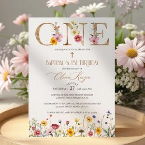 Modèle d'invitation pour baptême et 1er anniversaire de fleurs sauvages • TÉLÉCHARGEMENT IMMÉDIAT • Modèle modifiable et imprimable, n° 142