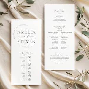 Peut inclure: Deux programmes de mariage élégants sur fond crème. Le programme de gauche affiche "Amelia et Steven" et un calendrier de mariage. Le programme de droite détaille la cérémonie et les noms des invités. Des branches d'olivier encadrent les programmes.