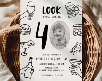 Plantilla divertida de invitación para el 40 cumpleaños con foto • Invitación imprimible y electrónica • Descarga instantánea
