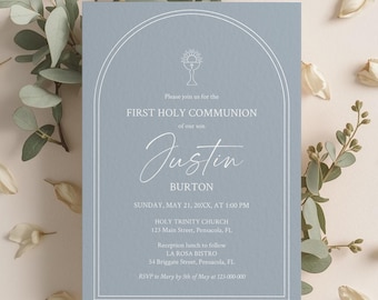 Dusty Blue First Holy Communion Invitation Template • INSTANT DOWNLOAD • Editable, Printable Template