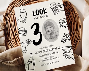 Plantilla divertida de invitación para el 30 cumpleaños con foto • Invitación imprimible y electrónica • Descarga instantánea