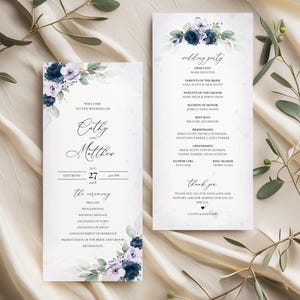 Modello di programma di matrimonio con rose blu navy e lavanda (download digitale) A129