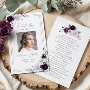 Printable Two-Sided Funeral Prayer Card Template with Purple and Lavender Roses, Editable Memorial Prayer Card Template, Instant Download