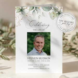 Printable Double-Sided Funeral Program Template, Editable Memorial Program Instant Download