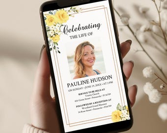Invitación electrónica para funeral con rosas amarillas, anuncio de celebración de vida (descarga digital)