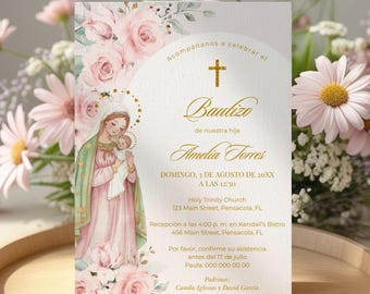 Bautizo Invitación Virgen de Guadalupe • Plantilla Rosa • Descarga Instantánea #126
