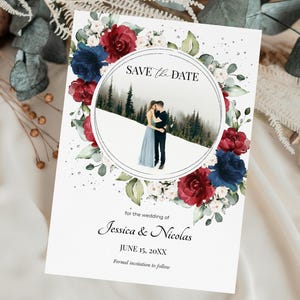 Burgundy and Navy Blue Wedding Save the Date Template • INSTANT DOWNLOAD • Editable, Printable Template, A123