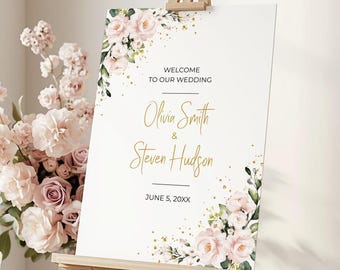 Plantilla de cartel de bienvenida para boda en rosa palo • Descarga digital editable e imprimible • A117