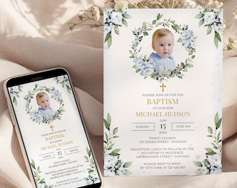 Blue Baptism Invitation Template with Photo, Christening Invite • INSTANT DOWNLOAD • Editable, Printable Template, A118