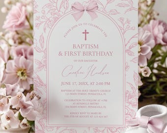 Pink Toile de Jouy Baptism/Christening & First Birthday Invitation Template • INSTANT DOWNLOAD • Editable, Printable Template, #BS10