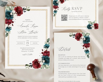 Burgundy Teal Wedding Invitation Template Suite: Editable Printable (Instant Download)