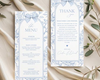 Blue Toile Wedding Menu Template with Thank You Note (Digital Download) #BS10A