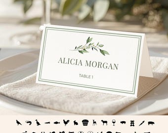 Greenery Wedding Place Cards Template (Editable, Printable Instant Download) A104