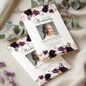 Editable Funeral Program Template with Purple Roses, Floral Memorial Program Template, Printable Funeral Program, Obituary Program