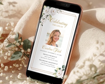 Anuncio electrónico de funeral con rosas blancas, invitación de funeral editable para smartphone