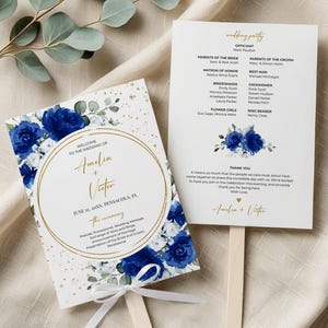 Royal Blue and Gold Fan Wedding Program Template • INSTANT DOWNLOAD • Editable, Printable Template