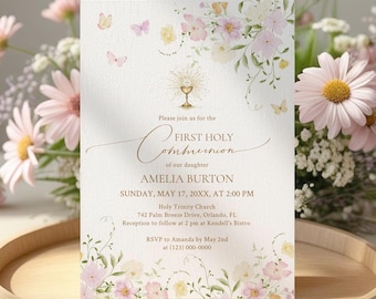 Wildflowers and Butterflies First Holy Communion Invitation Template • INSTANT DOWNLOAD • Editable, Printable Template