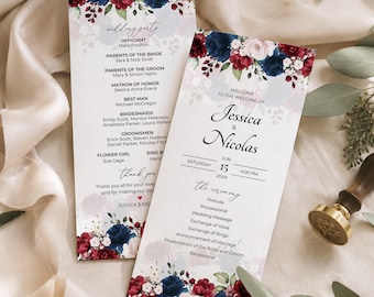 May include: Two rectangular wedding program cards featuring a floral border of dark blue, burgundy, and blush pink roses. The text includes the names Jessica and Nicolas, the date June 15, 202X, the wedding party list, and the ceremony order of events.
