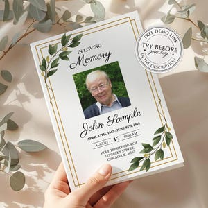 Pode incluir: Um cartão de memória com uma foto de um homem, emoldurado por uma borda dourada e detalhes de folhas verdes. O texto diz "In Loving Memory" e inclui o nome "John Sample" com datas e um endereço da igreja. Um adesivo diz "Try before you buy".